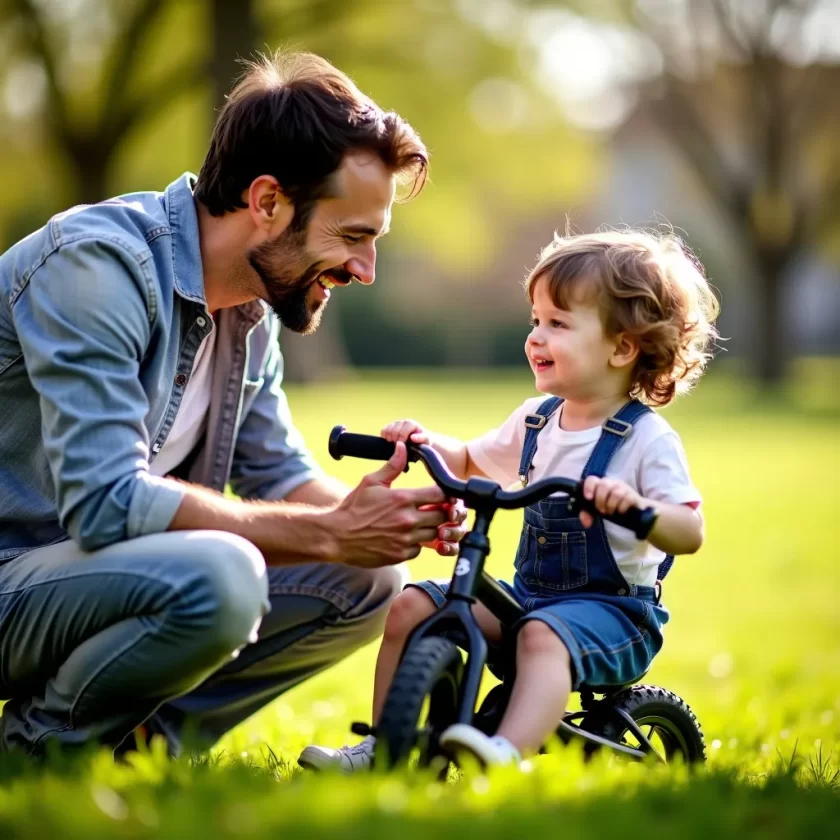 Father and child sharing a joyful moment outdoors with a bicycle, symbolizing love and connection on Father's Day.