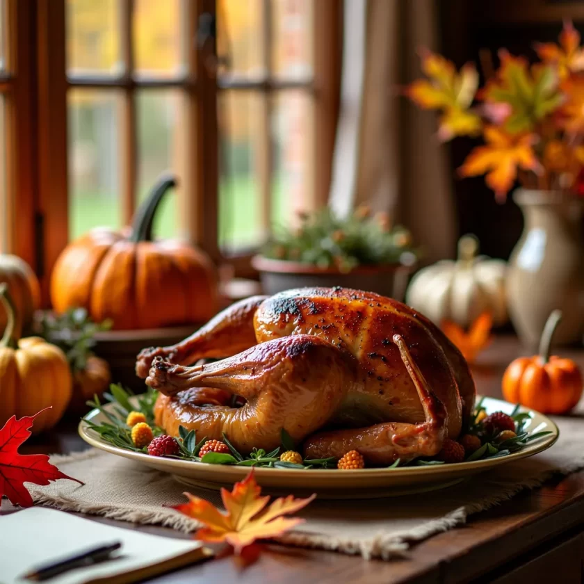 Beautiful Thanksgiving table setting with fall-themed flowers, candles, and elegant dinnerware for a festive celebration.