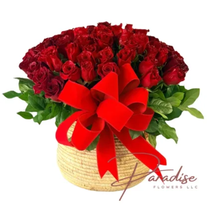 Large basket of 100 premium long-stem red roses with a giant red velvet bow - Love in a Basket luxury arrangement.