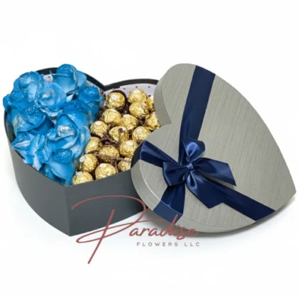 Blue Heart Box featuring a delightful blend of blue roses and chocolates, elegantly arranged in a heart-shaped box, perfect for Father's Day.