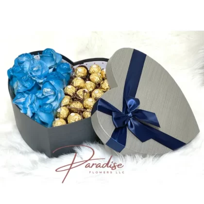 Blue Heart Box featuring a delightful blend of blue roses and chocolates, elegantly arranged in a heart-shaped box, perfect for Father's Day.