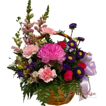 Garden Glory flower basket featuring snapdragons, carnations, mini carnations, chrysanthemums, and Purple Matsumoto blooms in a vibrant, dynamic arrangement.