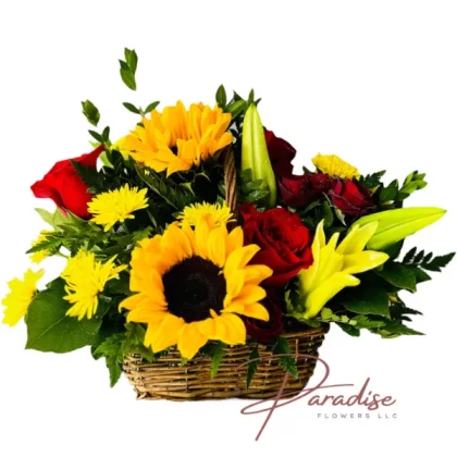 Happy Fall floral arrangement featuring red roses, yellow daisies, yellow lilies, and fresh greenery.