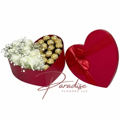 Red Heart Box arrangement with white roses, baby's breath, and chocolates nestled in a heart-shaped box for Father's Day.