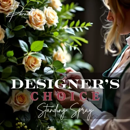 Designer’s Choice standing spray featuring a variety of carefully selected blooms and lush greenery, offering a heartfelt tribute to honor a loved one.