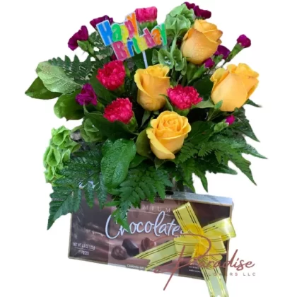 Sunny Day bouquet featuring cheerful yellow roses, pink and purple mini carnations, with an optional box of chocolates.