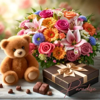 Amour & Sweetness Bouquet with pink lilies, roses, gerberas, a teddy bear, and chocolates, wrapped in cellophane and adorned with a bow.