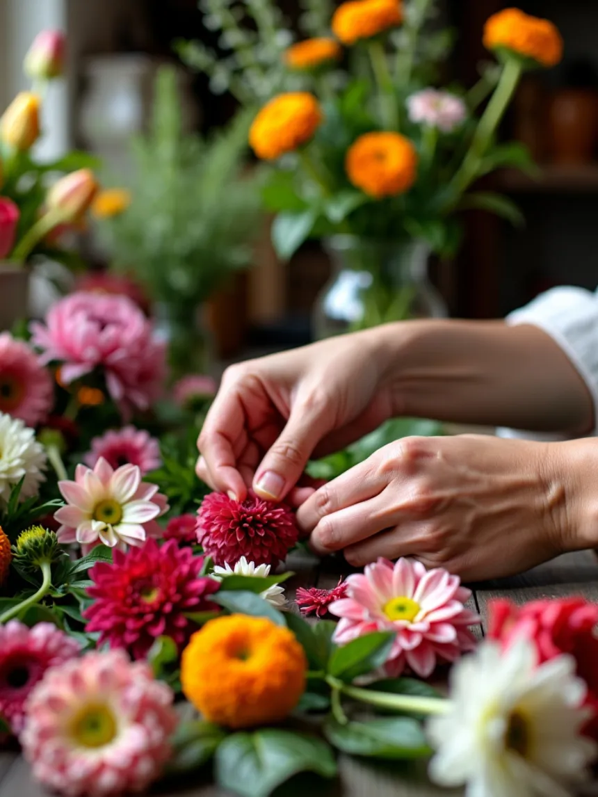 Hands of a florist delicately arranging vibrant flowers in a cozy creative workspace.