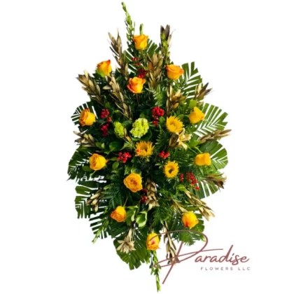 Golden Life Standing Spray featuring orange roses, golden sunflowers, green hydrangeas, red hypericum, and lush greenery.