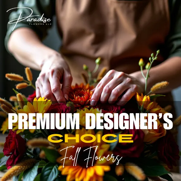 Premium Designer’s Choice Fall Floral Arrangement featuring rich autumn blooms in deep oranges, golden yellows, and elegant burgundies.