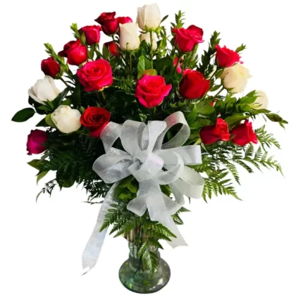 Forever Yours bouquet with thirty-six mixed roses in red, pink, and white, expressing luxury, romance, and charm.