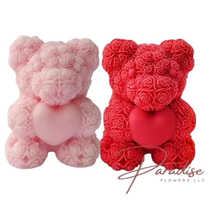 Red and pink rose bear candles with sweet strawberry scent, shown together for romantic gift inspiration like Valentine’s Day or anniversaries.