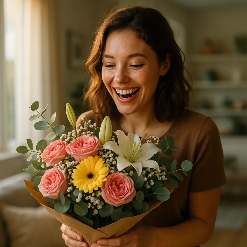 A radiant young woman with a joyful smile holding a beautiful birthday bouquet of pink roses, a white lily, and a yellow gerbera in a warmly lit room.