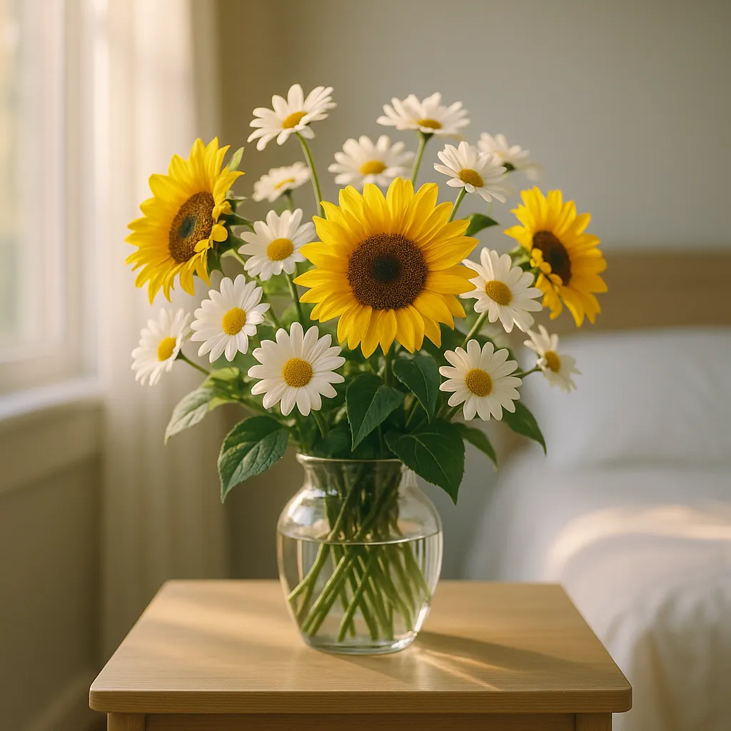 A beautiful get well soon bouquet of bright yellow sunflowers and white daisies in a clear glass vase, sitting on a nightstand in a sunny room.