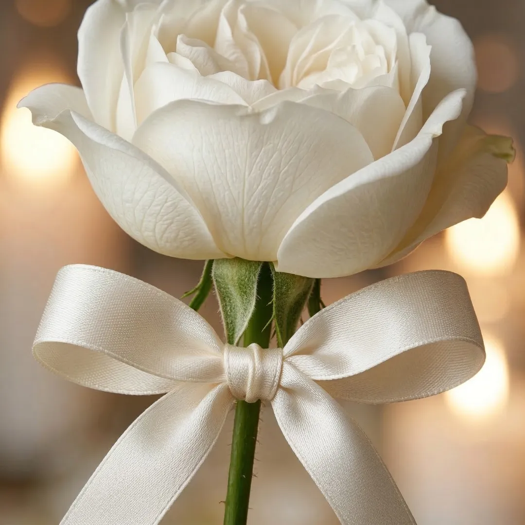 Close up of a pristine white rose with an elegant silk ribbon, representing luxury wedding floral design by Paradise Flowers in Conroe, TX.