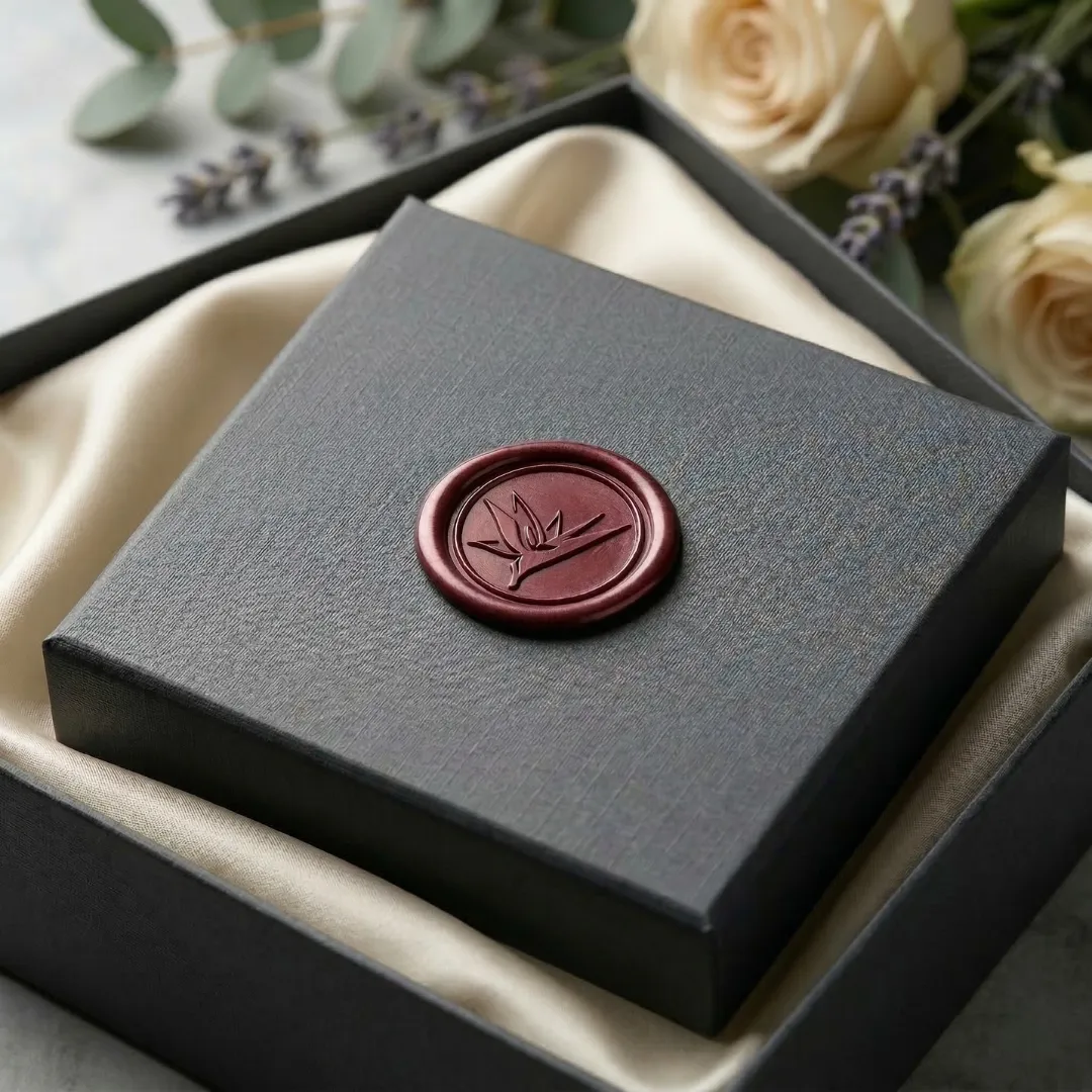 Elegant black gift box with a custom wax seal resting on silk, illustrating the premium white-glove floral delivery service.