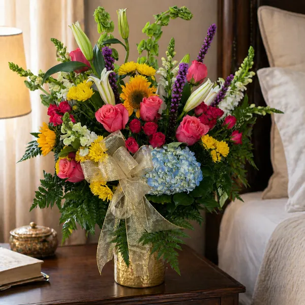 Blooming Affection Arrangement beautifully styled on a dark wood bedside table.