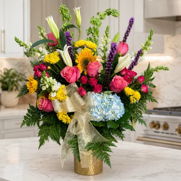 Blooming Affection Arrangement standing tall on a modern kitchen counter.