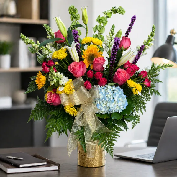 Blooming Affection Arrangement towering over a modern office desk.