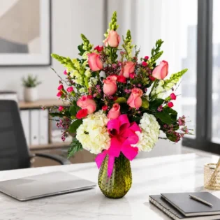 Cheers to Flowers arrangement delivered to an office desk.