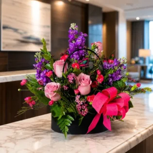 Enchanting Blossom Handbag arrangement displayed on a luxury marble reception desk.