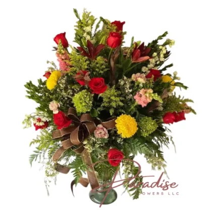 The Greatest Love – Mother's Day flower arrangement with red roses, yellow chrysanthemums, pink snapdragons, green hydrangeas and gold ribbon